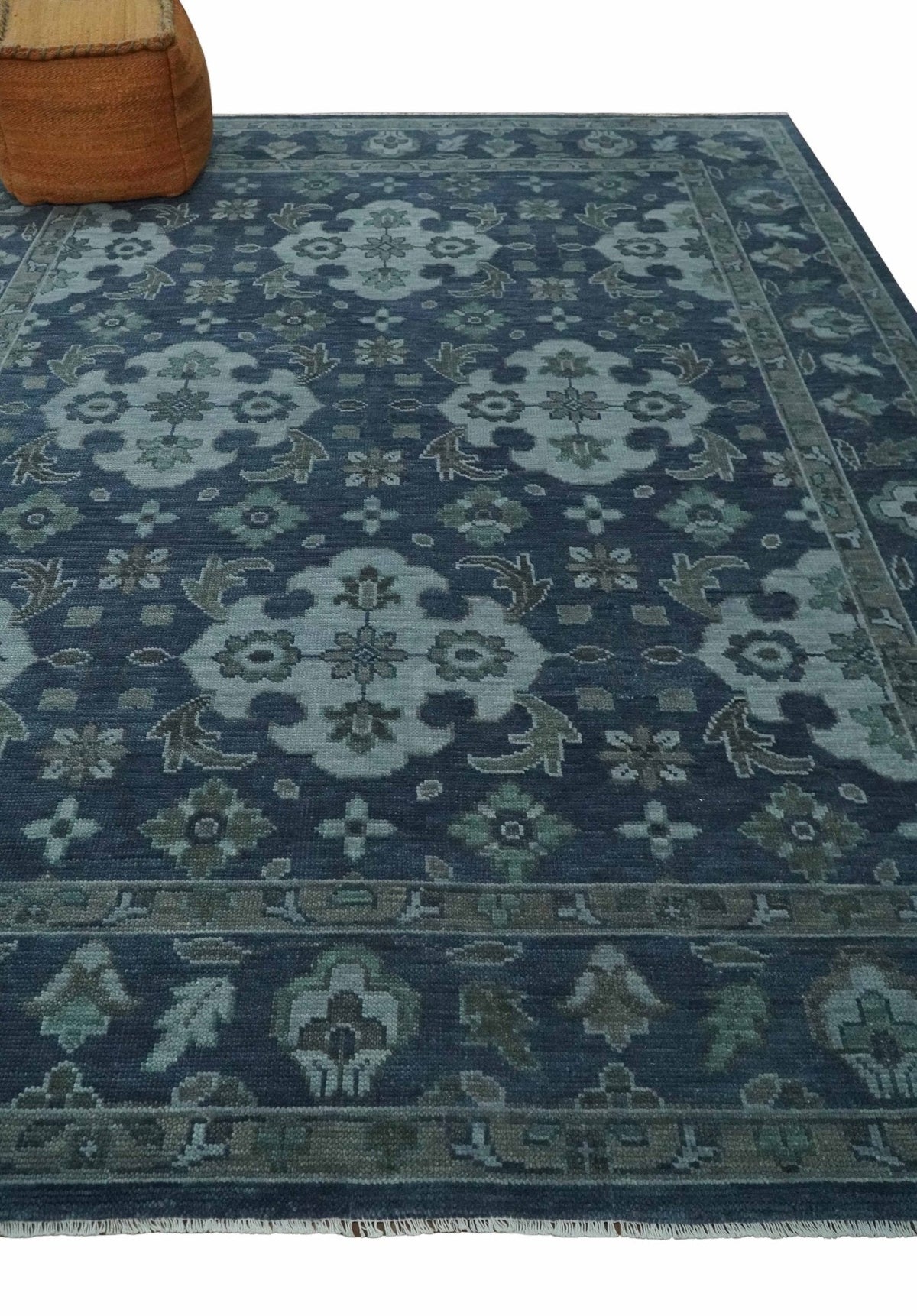 Antique Blue and Silver Hand Knotted Traditional Vintage Wool Rug.