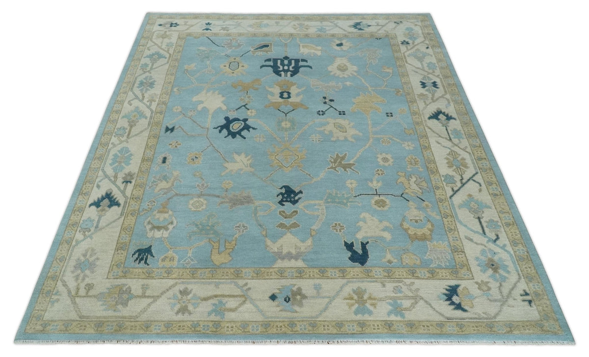Antique Blue, Ivory and Beige Traditional Oushak Hand Knotted Wool Rug.