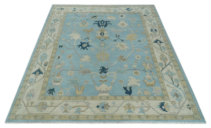 Antique Blue, Ivory and Beige Traditional Oushak Hand Knotted Wool Rug.