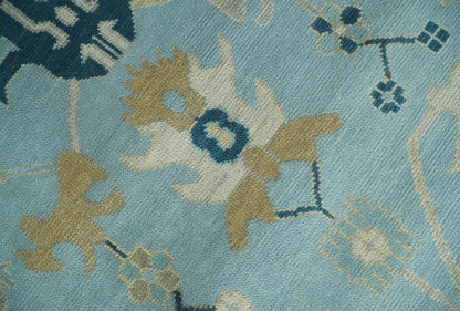 Antique Blue, Ivory and Beige Traditional Oushak Hand Knotted Wool Rug.