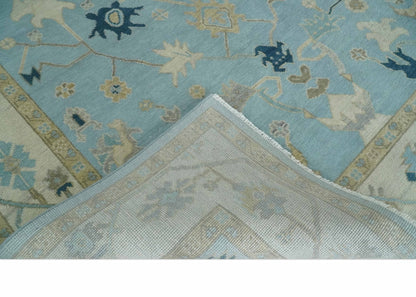 Antique Blue, Ivory and Beige Traditional Oushak Hand Knotted Wool Rug.