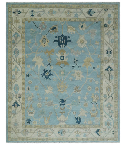 Antique Blue, Ivory and Beige Traditional Oushak Hand Knotted Wool Rug.