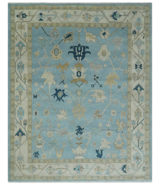 Antique Blue, Ivory and Beige Traditional Oushak Hand Knotted Wool Rug.