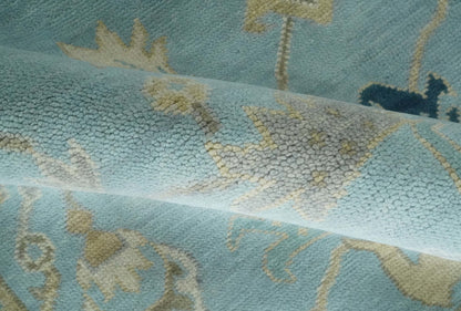 Antique Blue, Ivory and Beige Traditional Oushak Hand Knotted Wool Rug.