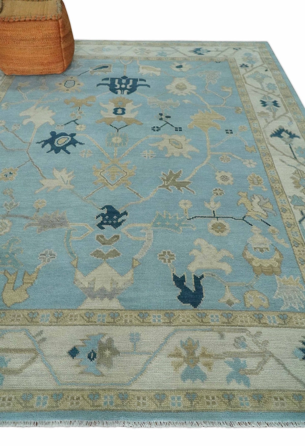 Antique Blue, Ivory and Beige Traditional Oushak Hand Knotted Wool Rug.