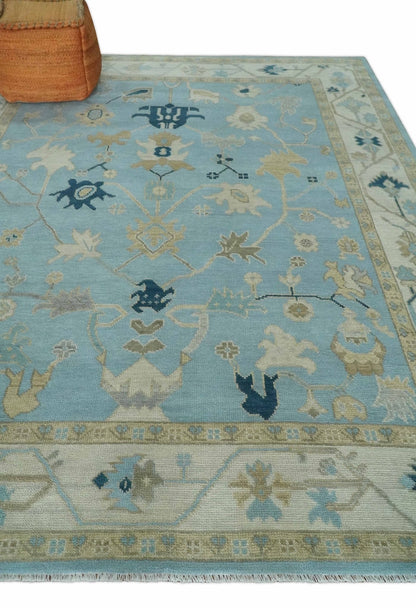 Antique Blue, Ivory and Beige Traditional Oushak Hand Knotted Wool Rug.