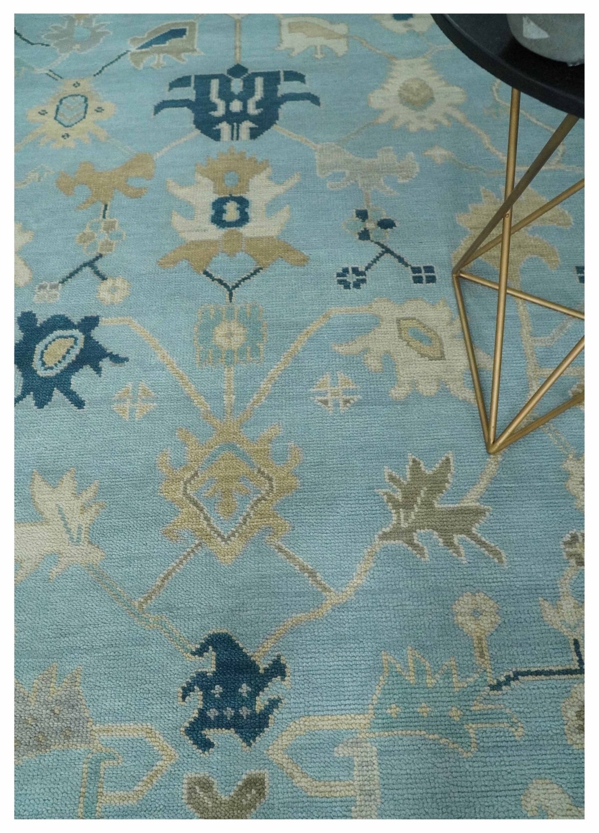 Antique Blue, Ivory and Beige Traditional Oushak Hand Knotted Wool Rug.