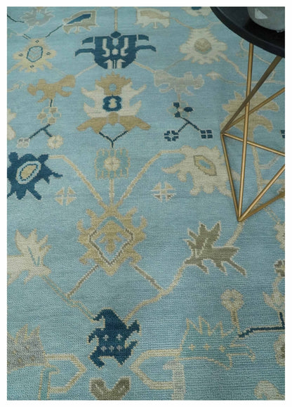Antique Blue, Ivory and Beige Traditional Oushak Hand Knotted Wool Rug.