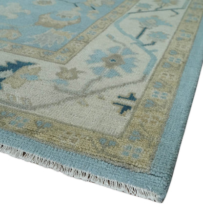 Antique Blue, Ivory and Beige Traditional Oushak Hand Knotted Wool Rug.