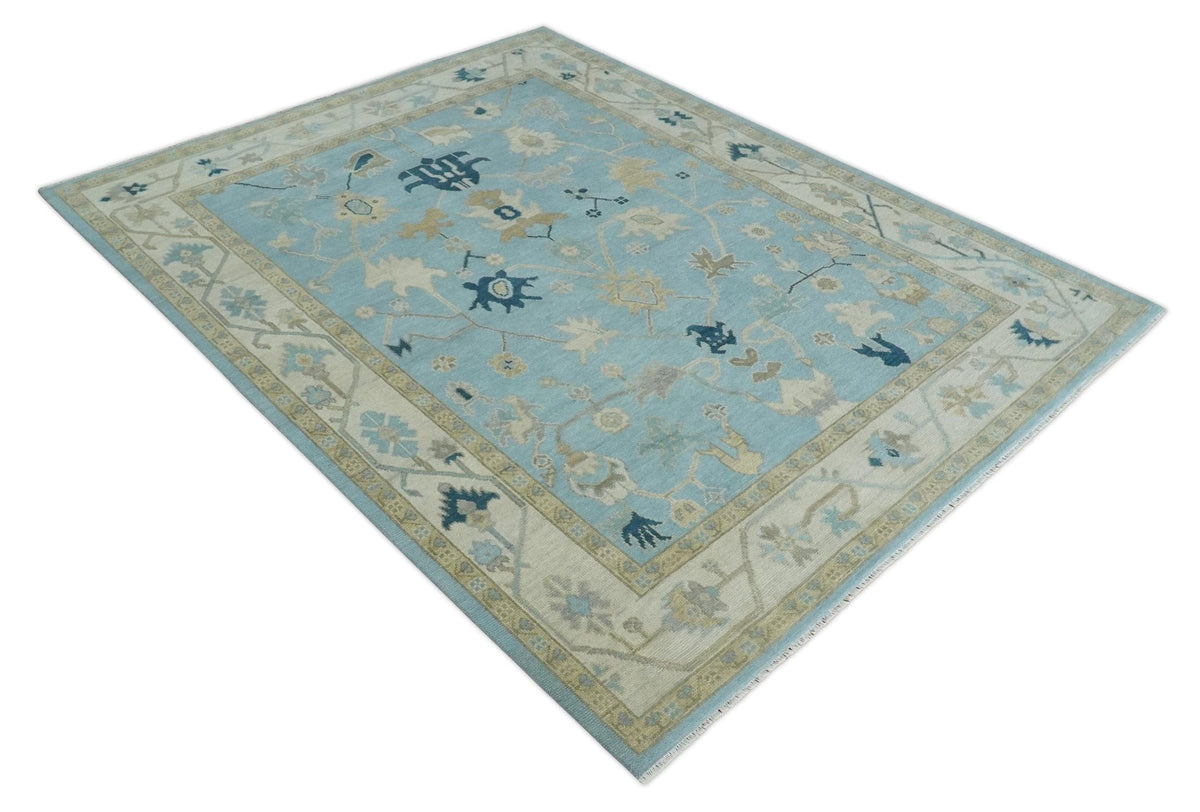 Antique Blue, Ivory and Beige Traditional Oushak Hand Knotted Wool Rug.