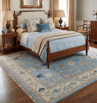 Antique Blue, Ivory and Beige Traditional Oushak Hand Knotted Wool Rug.