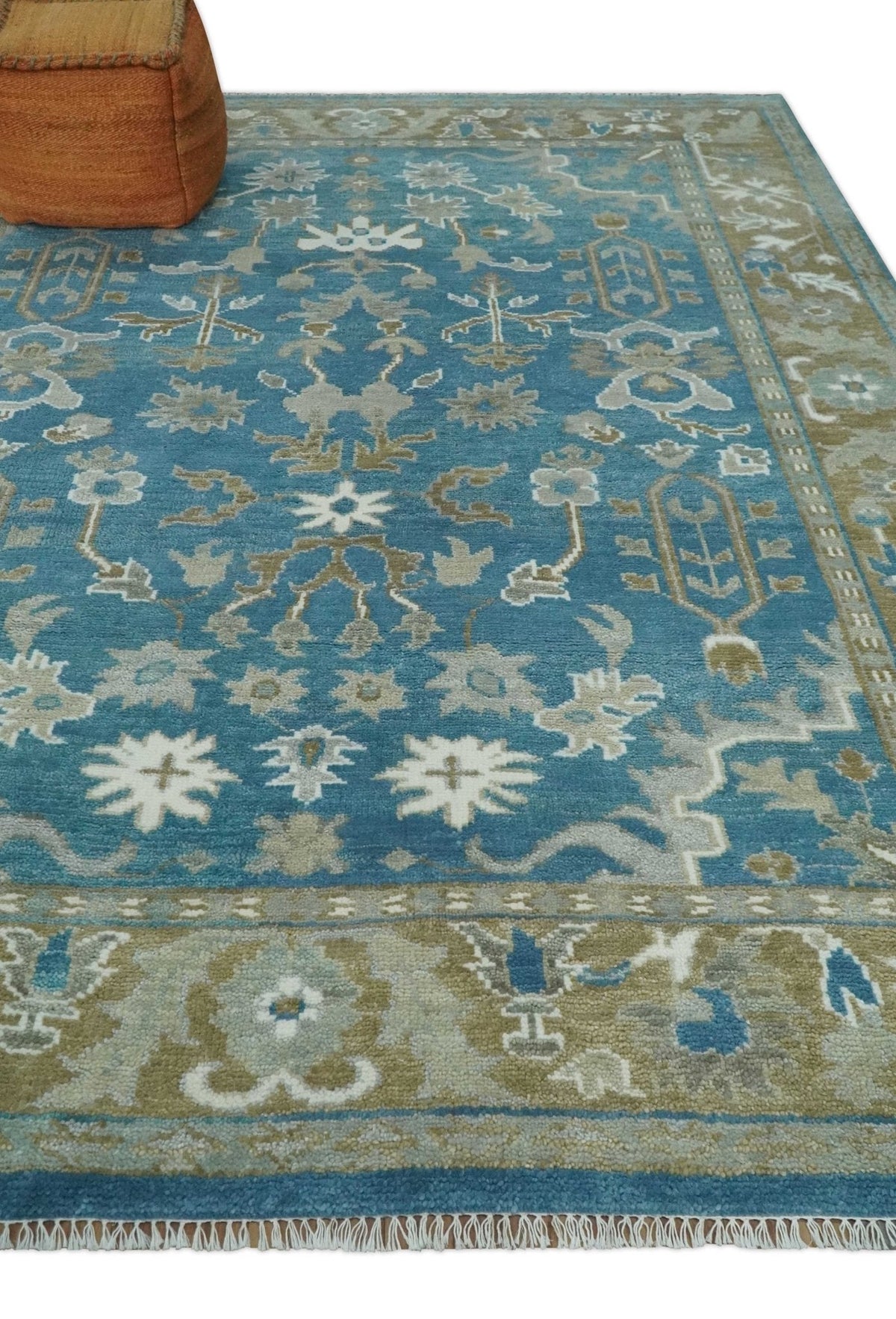 Antique Blue and Brown Traditional Persian Hand Knotted Wool Area Rug.