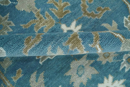 Antique Blue and Brown Traditional Persian Hand Knotted Wool Area Rug.