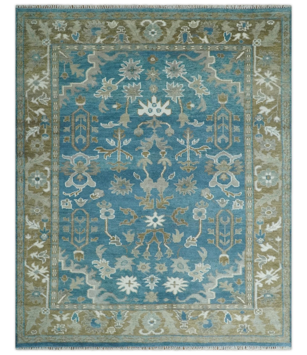 Antique Blue and Brown Traditional Persian Hand Knotted Wool Area Rug.