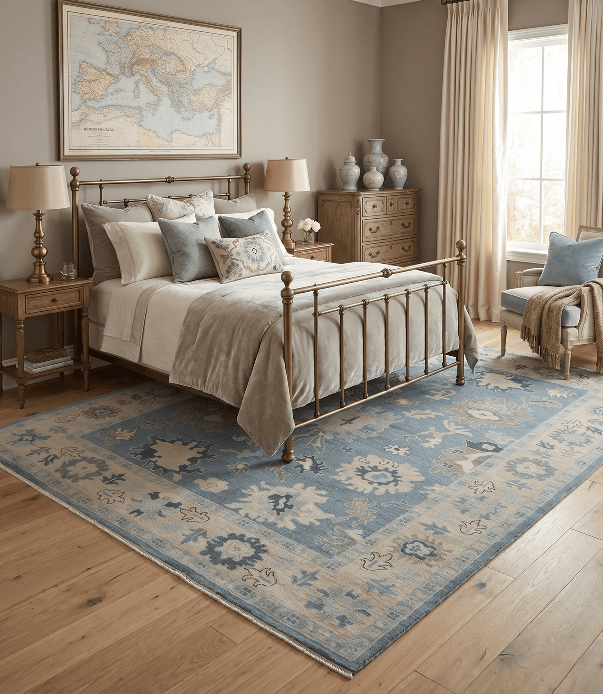 Antique Charcoal and Beige Hand Knotted Traditional Oushak Wool Area Rug.