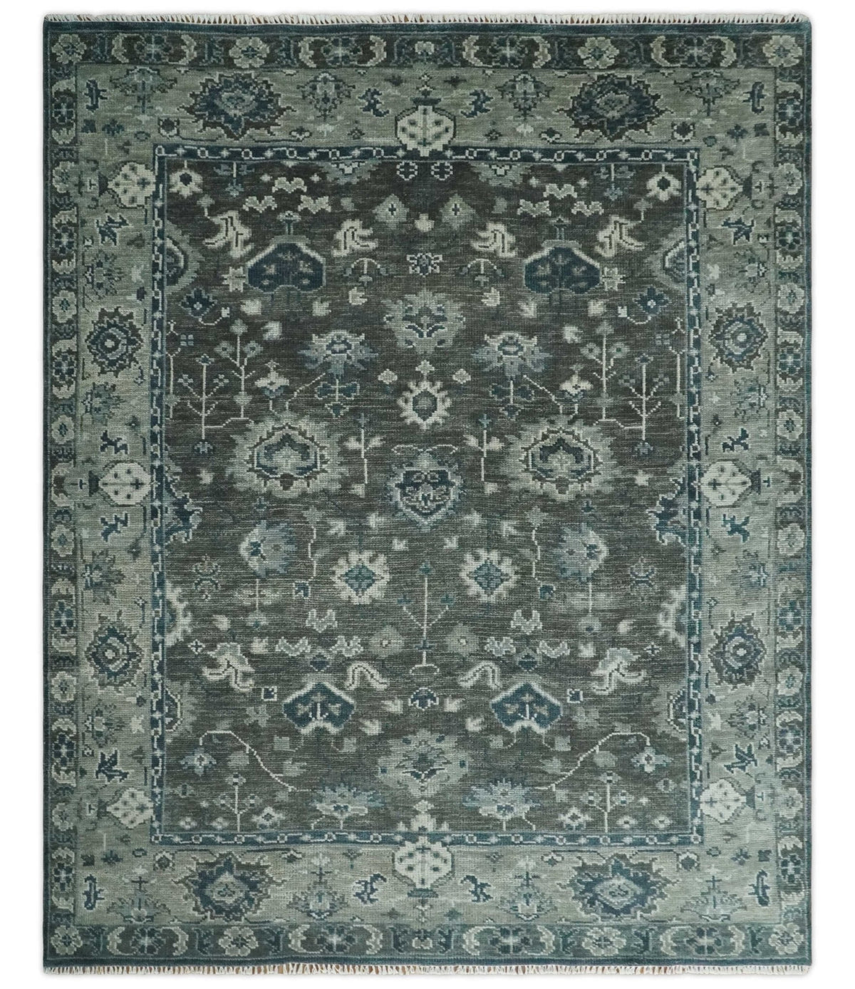 Antique Charcoal And Silver Hand Knotted Oushak Traditional Wool Rug.