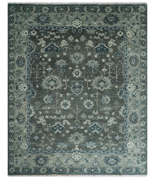 Antique Charcoal And Silver Hand Knotted Oushak Traditional Wool Rug.