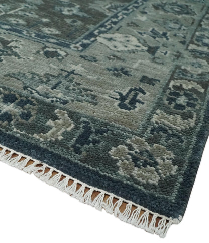 Antique Charcoal And Silver Hand Knotted Oushak Traditional Wool Rug.