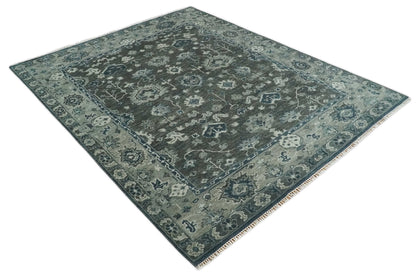 Antique Charcoal And Silver Hand Knotted Oushak Traditional Wool Rug.