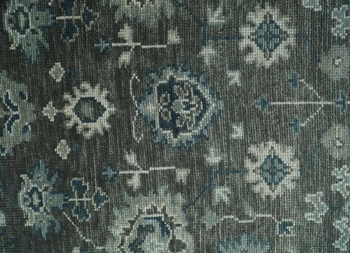 Antique Charcoal And Silver Hand Knotted Oushak Traditional Wool Rug.