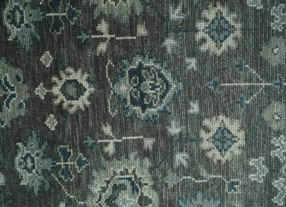 Antique Charcoal And Silver Hand Knotted Oushak Traditional Wool Rug.