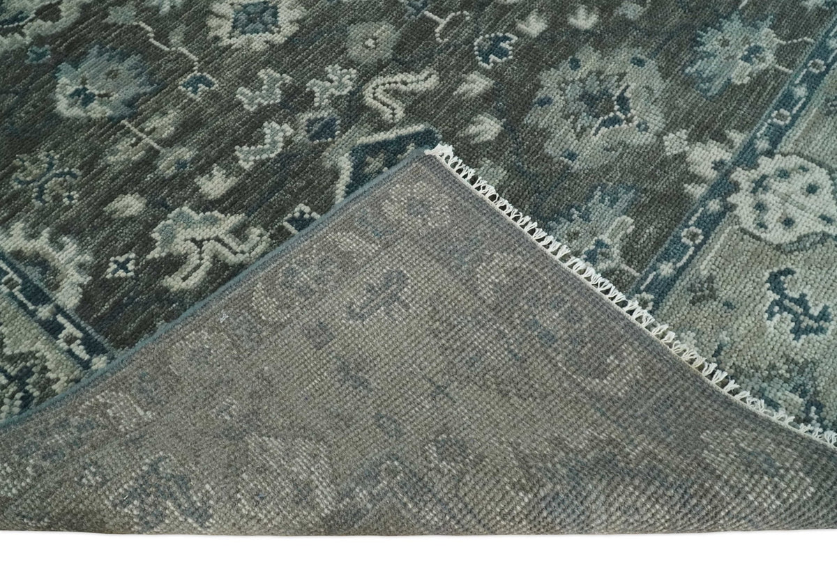 Antique Charcoal And Silver Hand Knotted Oushak Traditional Wool Rug.