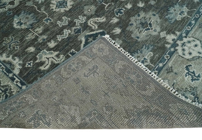 Antique Charcoal And Silver Hand Knotted Oushak Traditional Wool Rug.