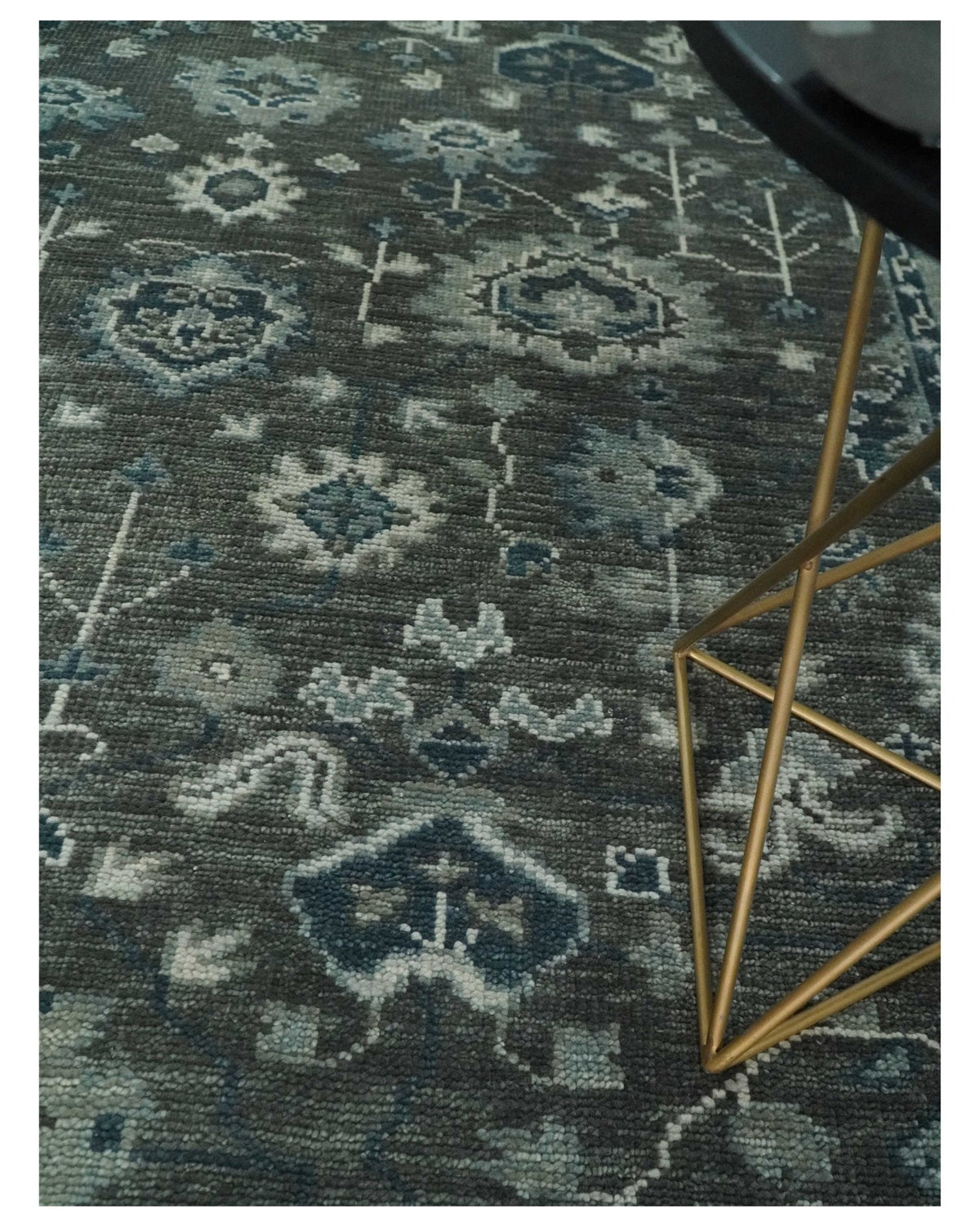 Antique Charcoal And Silver Hand Knotted Oushak Traditional Wool Rug.
