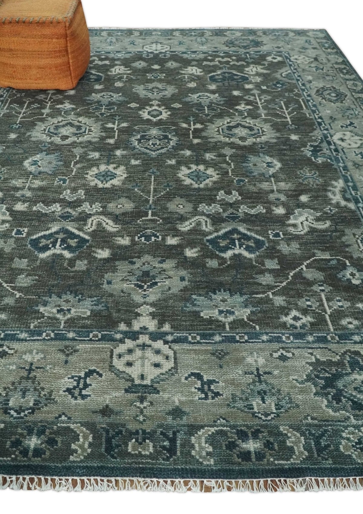 Antique Charcoal And Silver Hand Knotted Oushak Traditional Wool Rug.