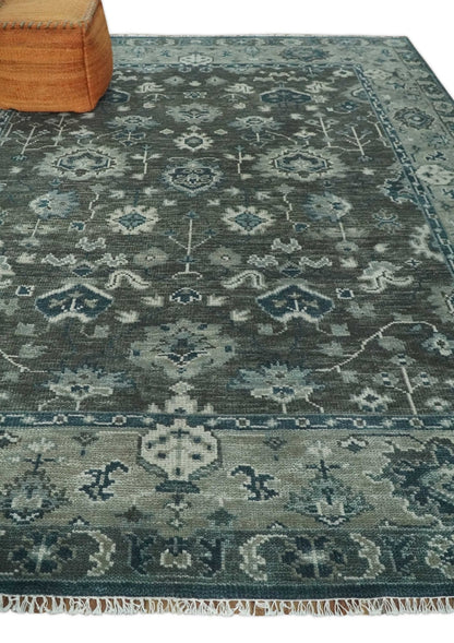Antique Charcoal And Silver Hand Knotted Oushak Traditional Wool Rug.