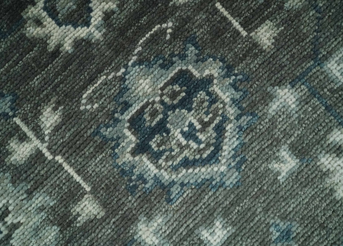 Antique Charcoal And Silver Hand Knotted Oushak Traditional Wool Rug.