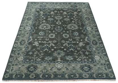 Antique Charcoal And Silver Hand Knotted Oushak Traditional Wool Rug.