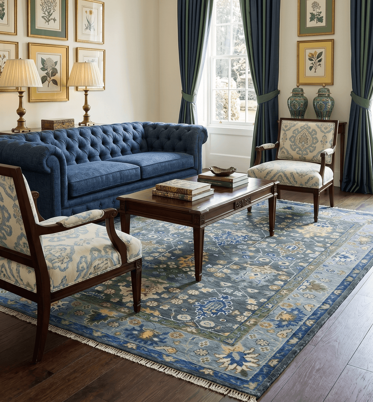 Antique Design Hand Knotted Charcoal, Green Moss and Blue Oushak Custom Made Rug.