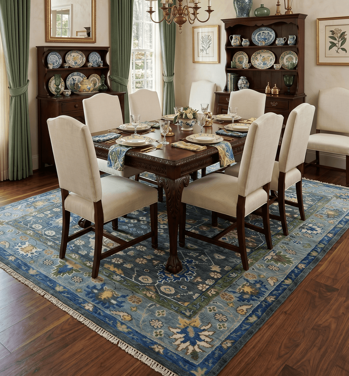 Antique Design Hand Knotted Charcoal, Green Moss and Blue Oushak Custom Made Rug.