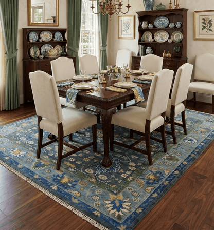 Antique Design Hand Knotted Charcoal, Green Moss and Blue Oushak Custom Made Rug.
