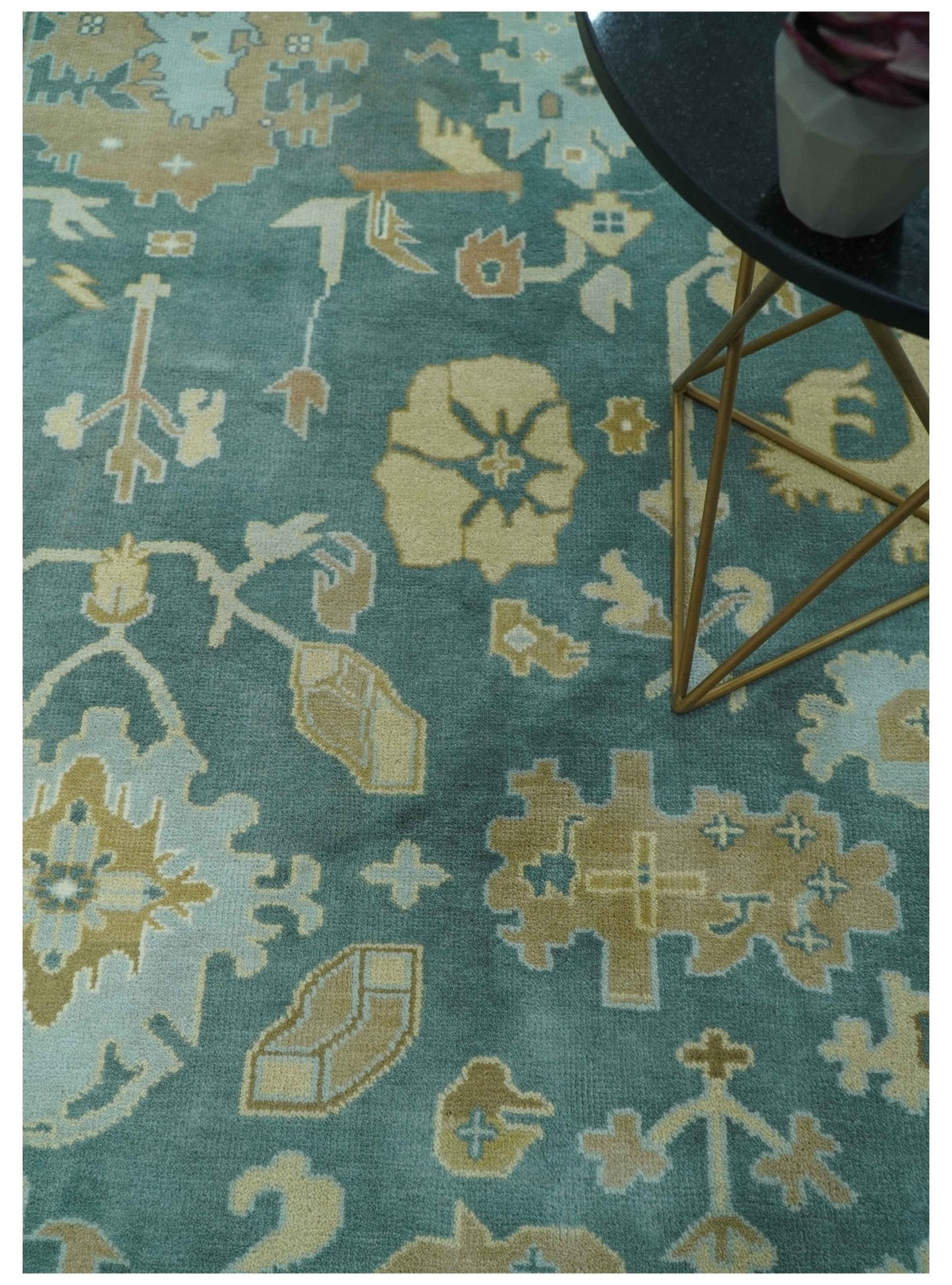 Antique Style Hand Knotted Teal and Ivory Oushak Multi Size wool Rug.