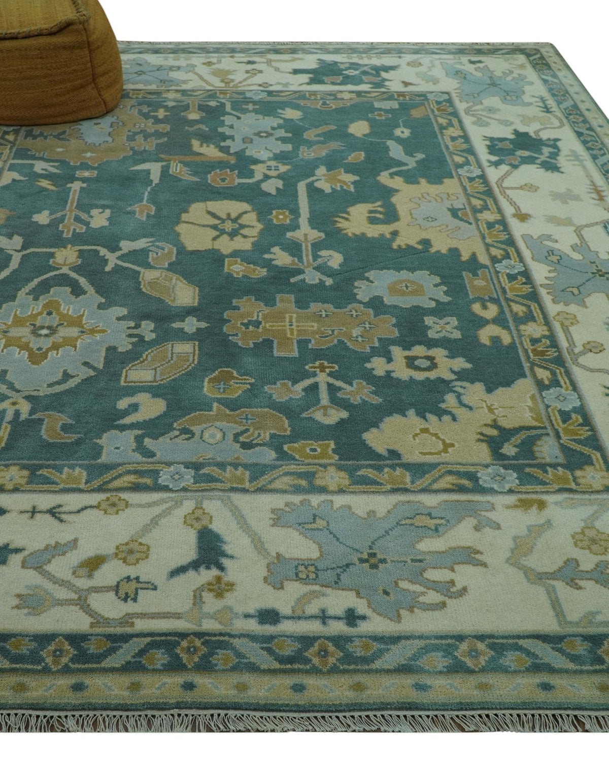 Antique Style Hand Knotted Teal and Ivory Oushak Multi Size wool Rug.