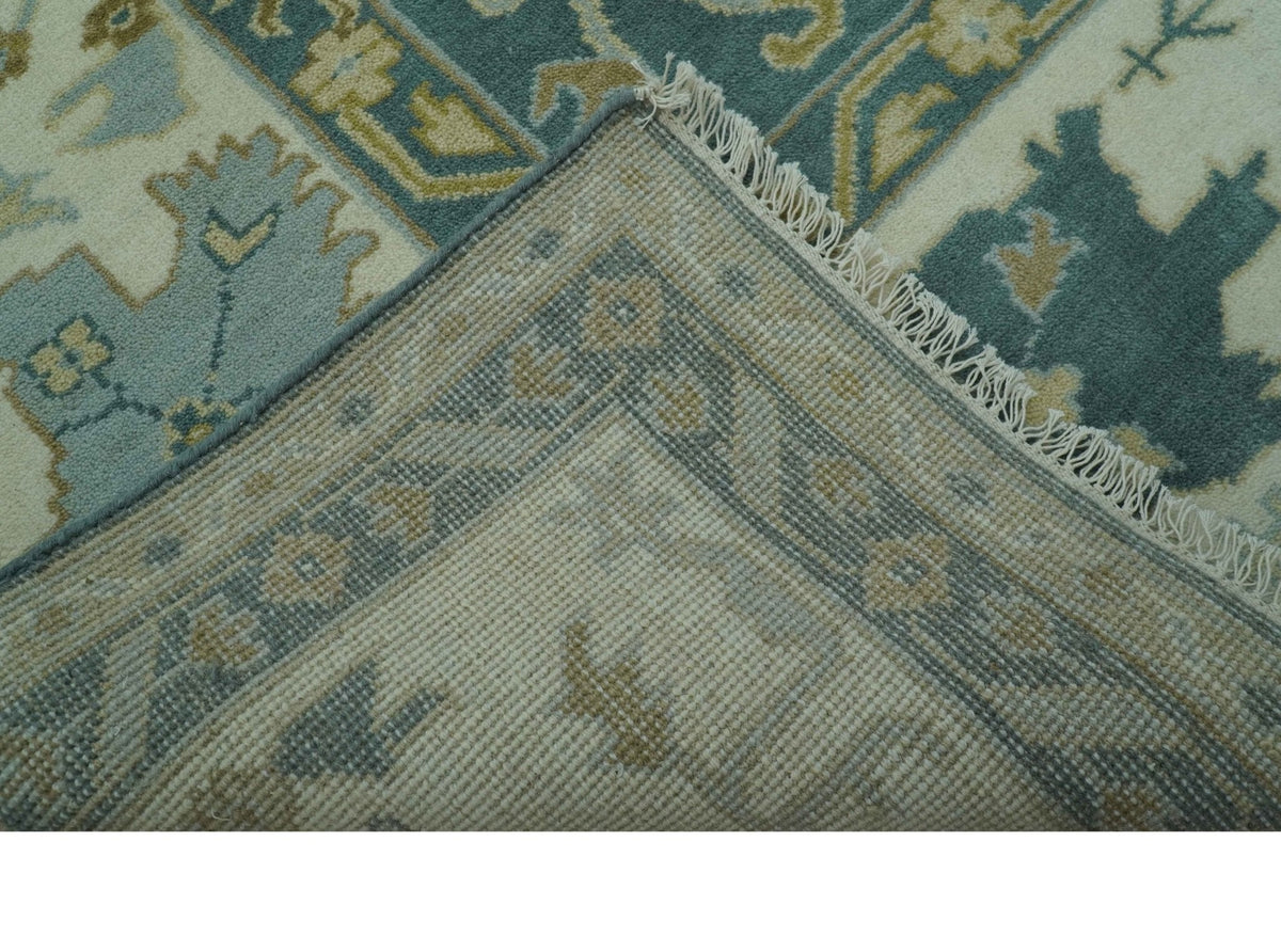 Antique Style Hand Knotted Teal and Ivory Oushak Multi Size wool Rug.