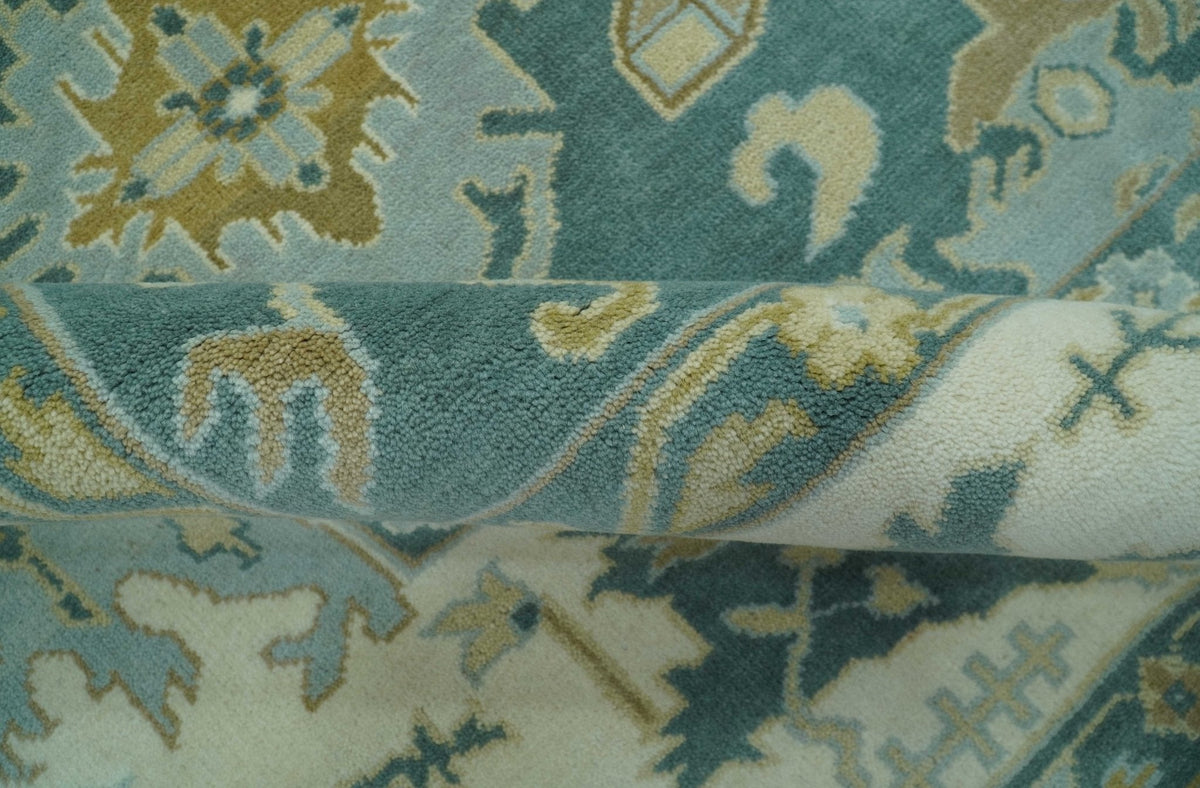 Antique Style Hand Knotted Teal and Ivory Oushak Multi Size wool Rug.