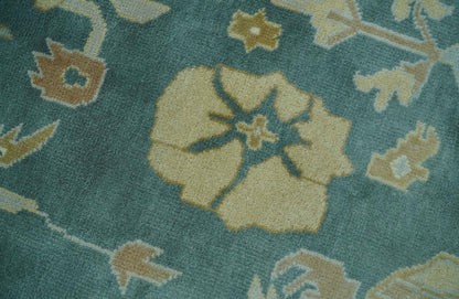 Antique Style Hand Knotted Teal and Ivory Oushak Multi Size wool Rug.