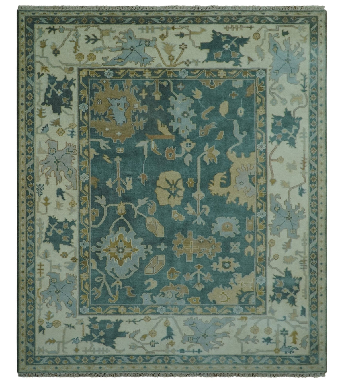 Antique Style Hand Knotted Teal and Ivory Oushak Multi Size wool Rug.