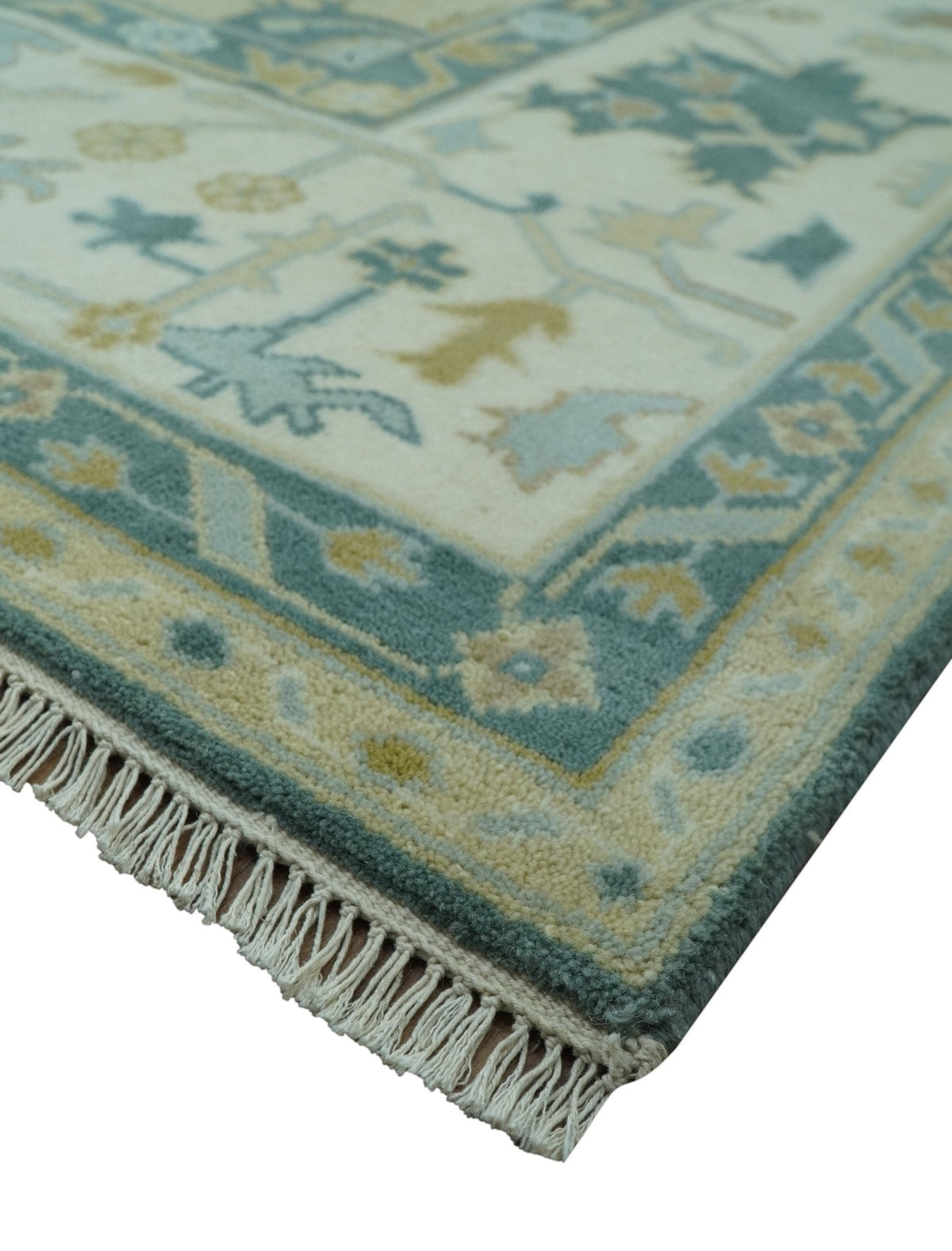 Antique Style Hand Knotted Teal and Ivory Oushak Multi Size wool Rug.