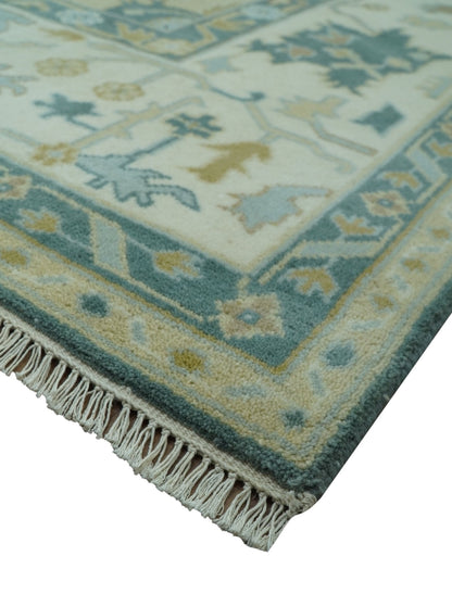 Antique Style Hand Knotted Teal and Ivory Oushak Multi Size wool Rug.