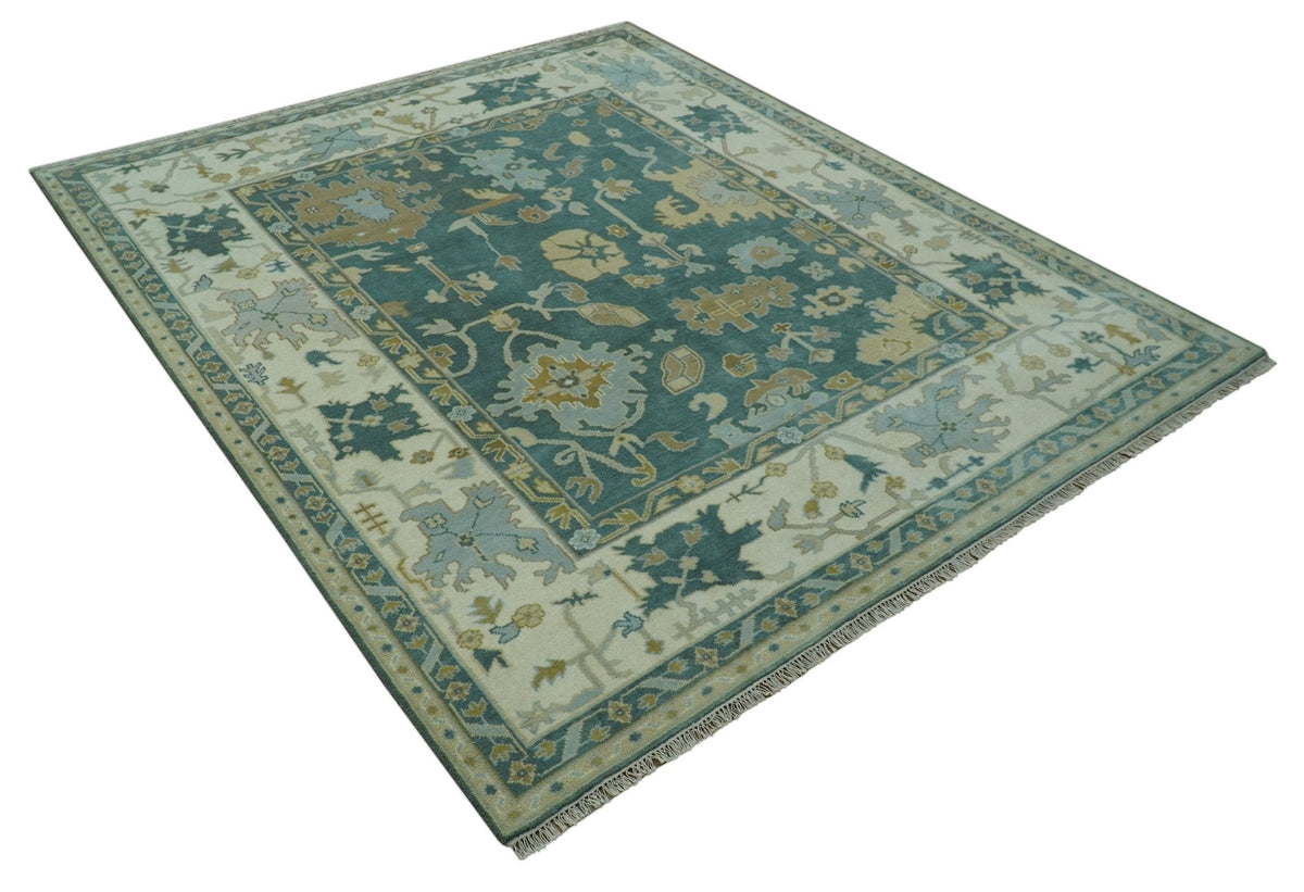 Antique Style Hand Knotted Teal and Ivory Oushak Multi Size wool Rug.