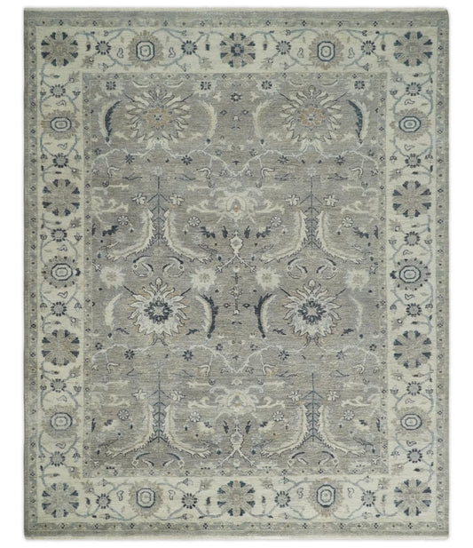 Custom Made Traditional Antique Distressed Gray and Beige Hand Knotted Wool Area Rug.