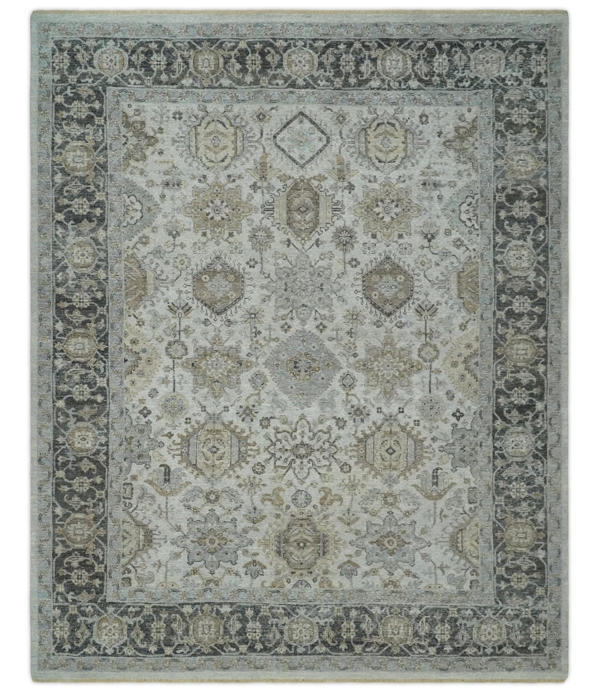 Antique Distressed finished Look Ivory, Charcoal and Beige Custom Made wool Area Rug.