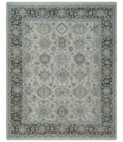 Antique Distressed finished Look Ivory, Charcoal and Beige Custom Made wool Area Rug.