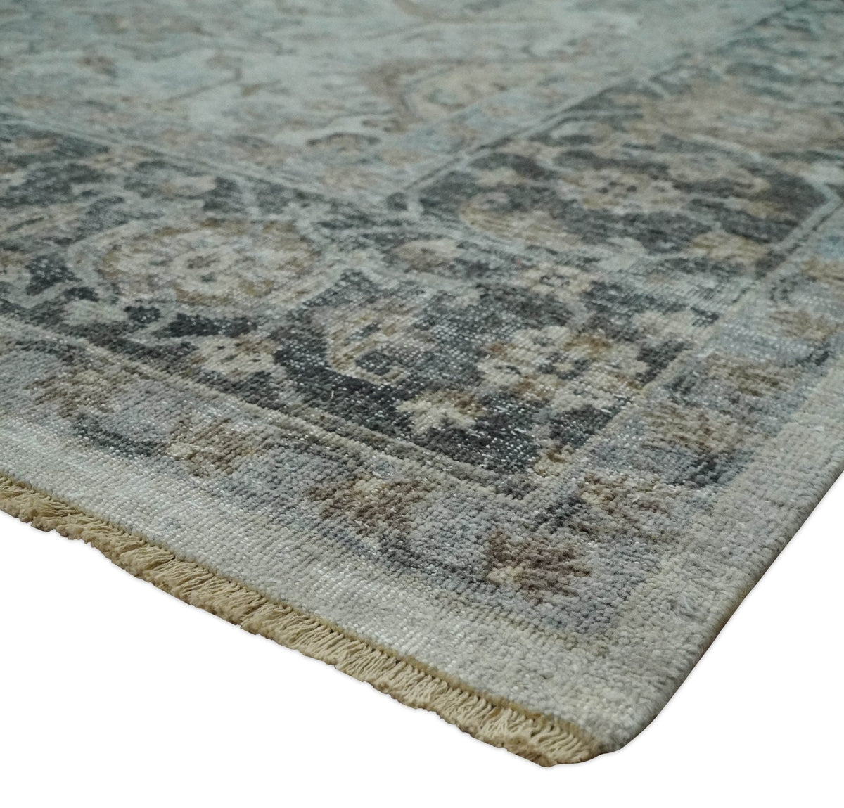 Antique Distressed finished Look Ivory, Charcoal and Beige Custom Made wool Area Rug.