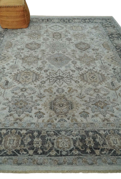 Antique Distressed finished Look Ivory, Charcoal and Beige Custom Made wool Area Rug.