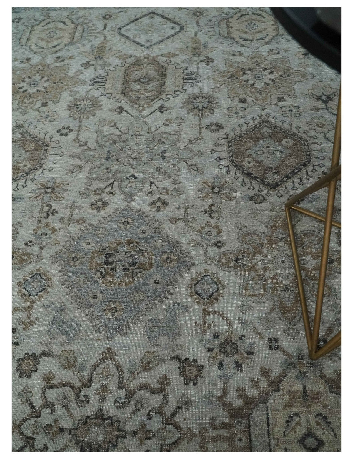 Antique Distressed finished Look Ivory, Charcoal and Beige Custom Made wool Area Rug.